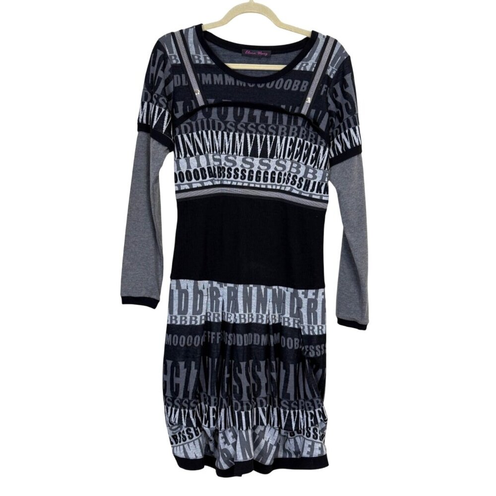 Elena Wang  Sweater Dress Suspenders Text Print Black Gray Long Sleeve Womens M